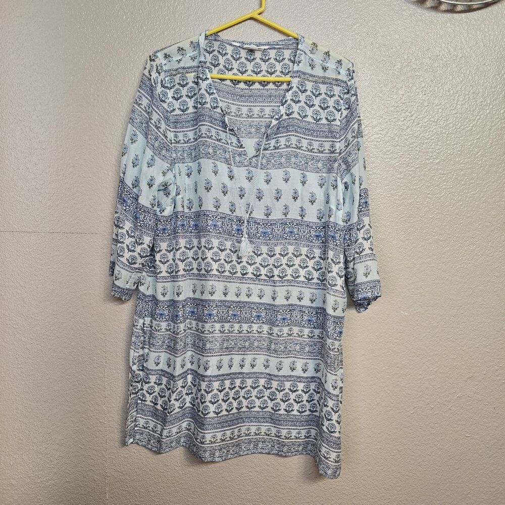 J Jill XL Blue White Floral Boho Tunic Blouse Tencel  Tassel Tie Beachy N245